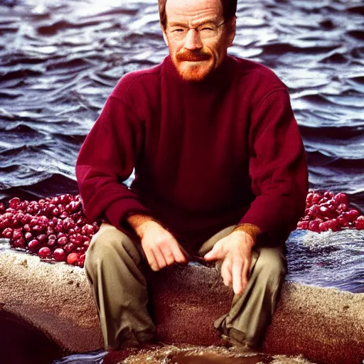 Image similar to tiny bryan cranston's body is a bowl of cranberries, head emerging from cranberries, submerged in cranberries, natural light, sharp, detailed face, magazine, press, photo, steve mccurry, david lazar, canon, nikon, focus