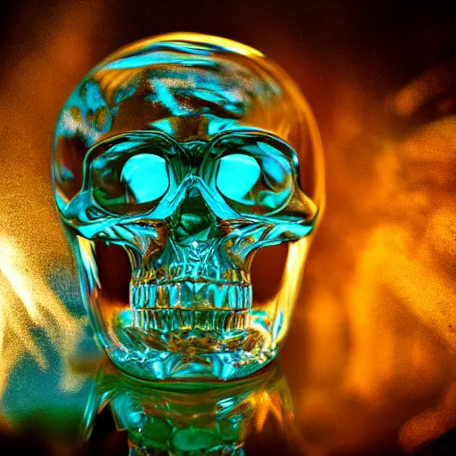 Image similar to high quality photo of crystal transparent skull god rays hitting it,highly reflective, photography 4k, f1.8 anamorphic, bokeh, 4k, Canon, Nikon