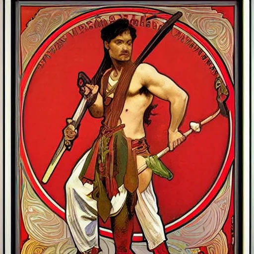 Image similar to red nunchaku warrior by alphonse mucha