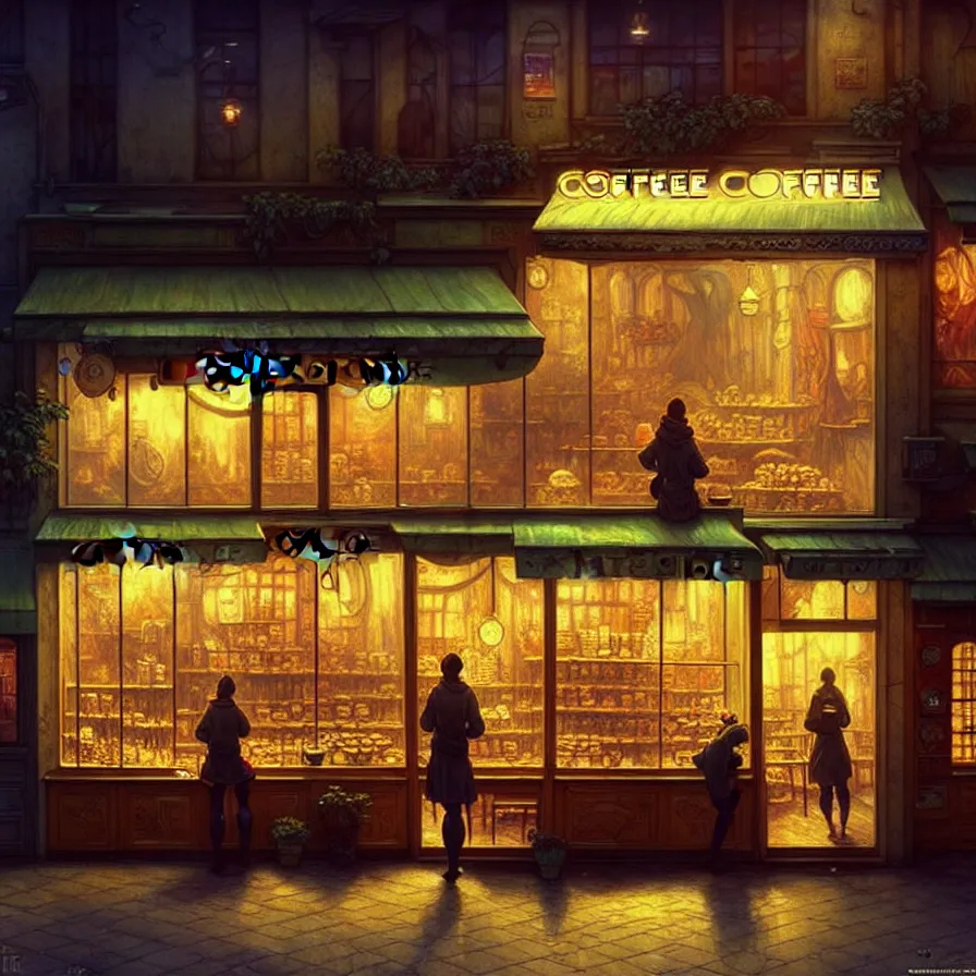 Image similar to a coffee shop store in The City of Ukraine at night with a few customers, extreme plus resolution fantasy concept art, intricate details to everything visible, sharp lighting, Dramatic light by denis villeneuve, strong emphasis on alphonse mucha, Makoto Shinkai