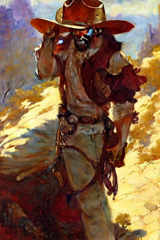 Image similar to attractive man, cowboy, beautiful mountain, cool colors, painting by gaston bussiere, craig mullins, greg rutkowski, alphonse mucha