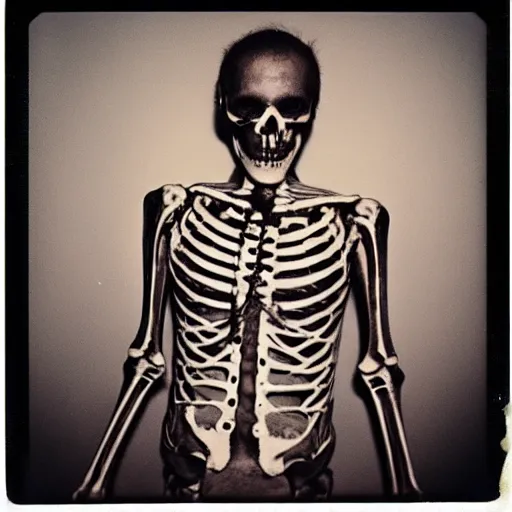 Image similar to skeleton drummer, wild, flash polaroid photo, underground party,
