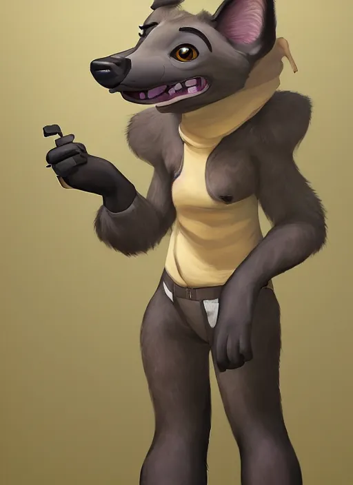 Image similar to oil painting detailed full body of anthromorphic female hyena, in style of zootopia, zootopia, zootopia, fursona, furry, furaffinity, 4 k, deviantart, furry art, fursona art, wearing black business suit, in style of zootopia, hyena fursona, cyberpunk, female, expressive, detailed feminine face,