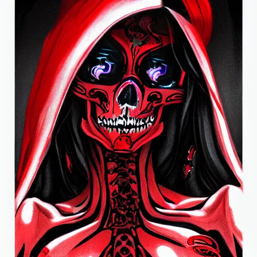 Image similar to Female death holding a (((red and black skull))), kodachrome, high contrast, highly detailed, sharp focus, digital painting, concept art, illustration, trending on artstation