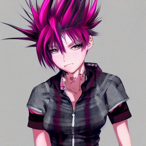 Image similar to full headshot portrait of anime woman with pink mohawk punk, digital art, drawn by WLOP, by Avetetsuya Studios, anime manga panel, trending on artstation, wearing a plaid shirt