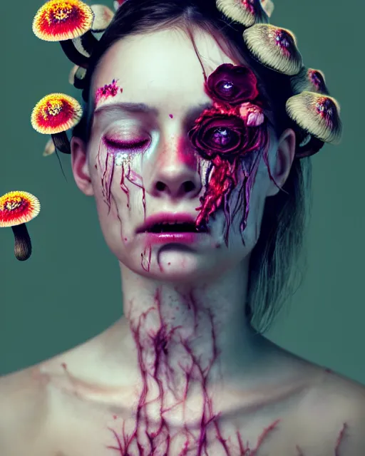 Prompt: a disturbing digital horror arthouse photograph of a beautiful crying woman with flowers and fungus growing out of her head and petals dripping from her eyes, intricate, sharp focus, cinematography, highly detailed, octane render, digital horror artwork, matte, photography by professional photographer