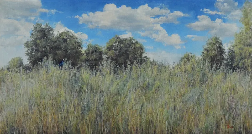 Image similar to an endless flat world of concrete, overgrown with vegetation, blue sky with clouds, beautiful painting, oil on canvas, by Ewa Czarniecka, award winning masterpiece,
