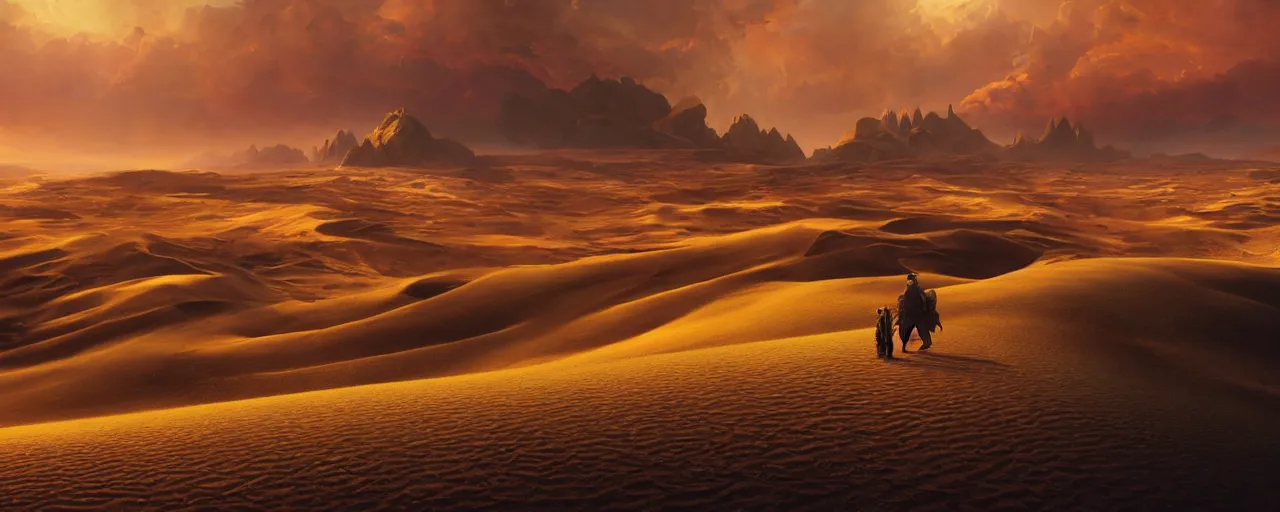Image similar to ” endless sand dunes, [ art by paul lehr, cinematic, detailed, epic, widescreen, opening, establishing, mattepainting, photorealistic, realistic textures, octane render ] ”