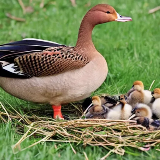 Image similar to a crossbreed of a turkey and a duck, with chicks, photo