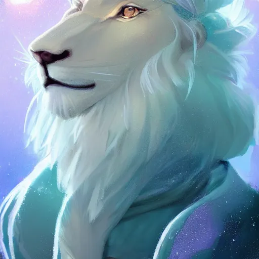 Prompt: aesthetic portrait commission of a albino male furry anthro lion surrounded by floating bubbles and floating puffy clouds while wearing a cute mint colored cozy soft pastel winter outfit with shiny pearls on it, winter Atmosphere. Character design by charlie bowater, ross tran, artgerm, and makoto shinkai, detailed, inked, western comic book art, 2021 award winning painting