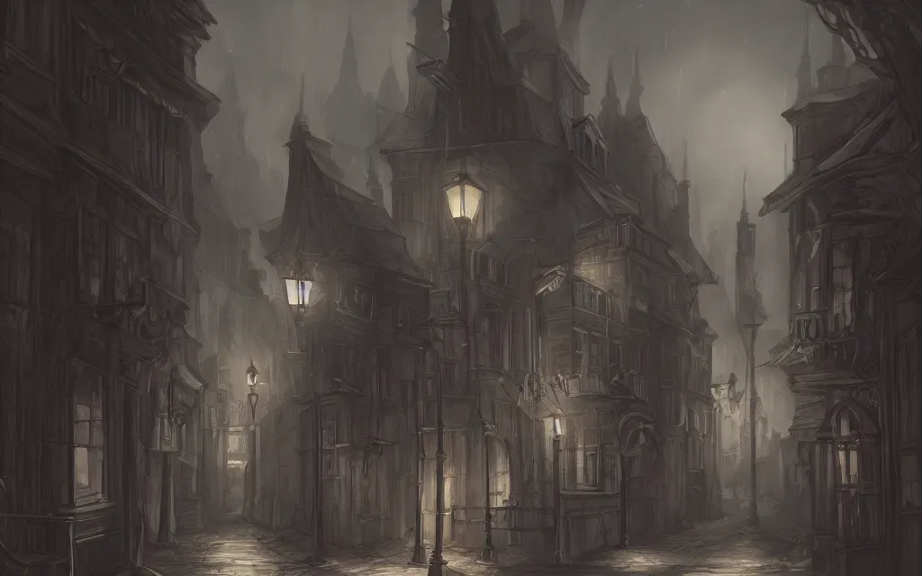 Prompt: Sideview of an 18th gothic street at night. Trending on artstation, digital painting, sidescroller, high fantasy.