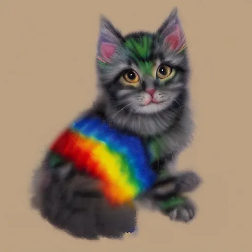 Image similar to wide angle full body, of a fluffy cute rainbow kitten wearing a black motorcycle jacket, concept art