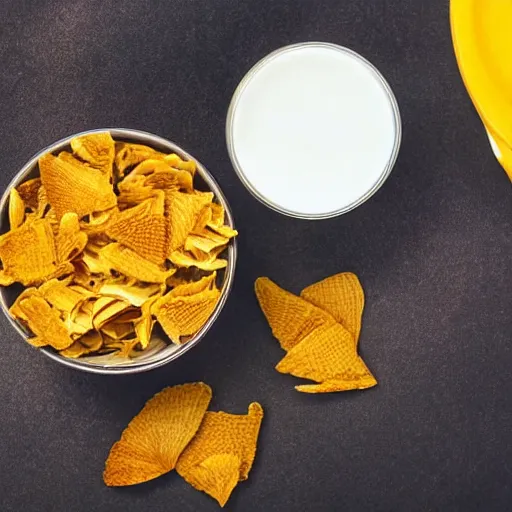 Prompt: a bowl of cornflakes in milk on a yellow table shot from above