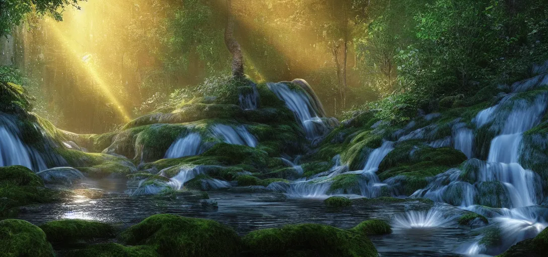 Image similar to beautiful view of a forest waterfall, glowing bubbly water with caustics, dark atmosphere, dappled light, reflections, light rays. refraction, symmetry, cinematic lighting, ultra detailed, sharp, ambient occlusion, bloom, raytracing, by dylan cole, sebastian meyer and jordan grimmer