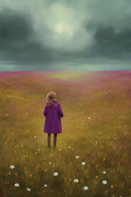 Image similar to portrait, enormous daisy flower head, a girl wearing coat in heather field, surreal photography, wind and cold, dramatic sky, impressionist painting, digital painting, artstation, simon stalenhag