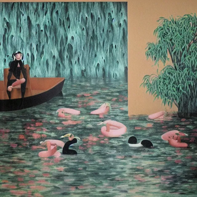 Image similar to painting of flood waters inside an apartment, emo catgirl art student, a river flooding inside, taps with running water, tangelos, zen, pigs, ikebana, water, river, rapids, waterfall, black swans, canoe, pomegranate, berries dripping, acrylic on canvas, surrealist, by magritte and monet