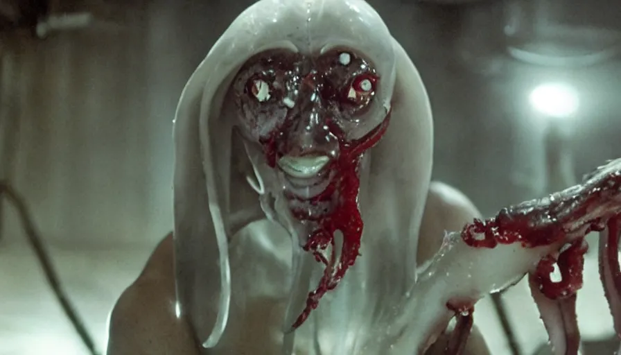 Image similar to Big budget horror movie, a squid bloodily rips off a cyborgs head