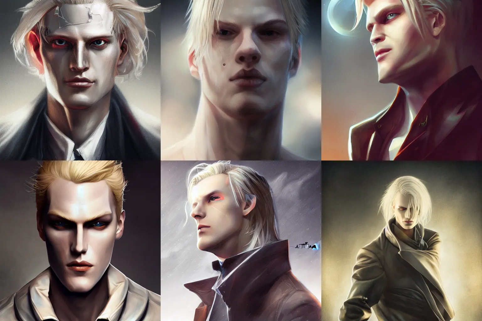 Prompt: a centered photo of the most complicated and technical pale blond man, johan liebert mixed with alucard, mystical post apocalyptic cyborg, powerful, cinematic, beautifully lit, by artgerm, by karol bak, 3 d, perfect face and body, trending on artstation, octane render, 8 k