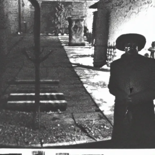 Image similar to cctv security cam grainy black and white footage of baron samedi in an spooky graveyard. baron samedi is looking at the camera.