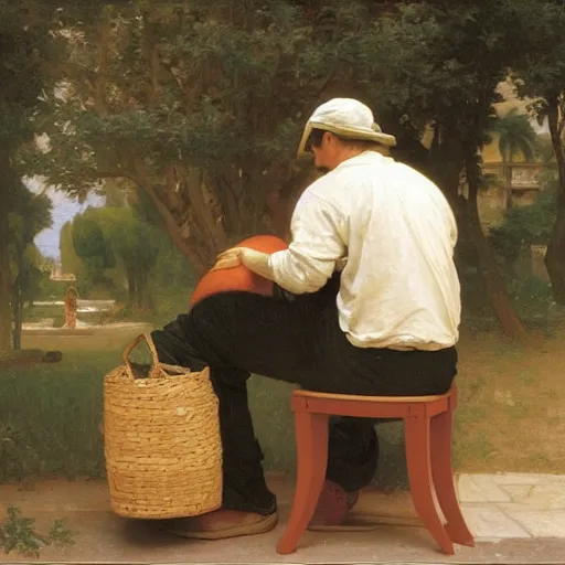 Prompt: an oil painting of an man playing a package, he doing sorting package, view from back, by Bouguereau, highly detailed and intricate, 1500,