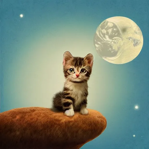 Image similar to A cartoon illustration of a fuzzy picky face kitten sitting on the top of planet earth, digital art, in the style of Norman Rockwell