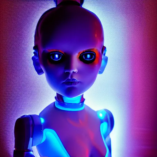 Image similar to blue cyber porcelain doll with led eyes. standing in middle of dark hallway. volumetric light on back. broken neon lighting. cyberpunk. high details, photorealistic, artstation trending. dark mood. h r ginger.