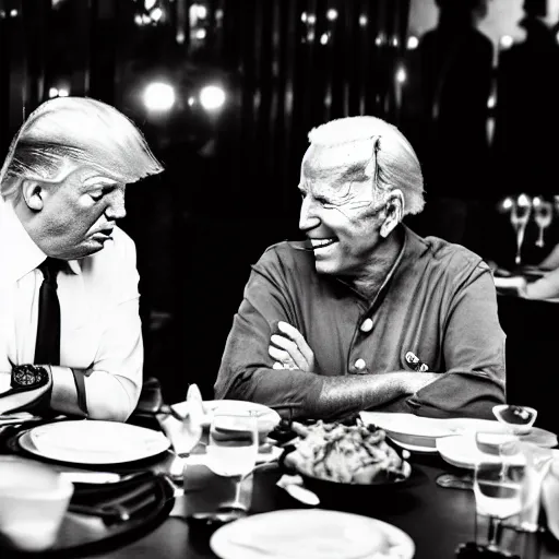 Image similar to donald Trump and joe Biden having dinner at a fancy Balinese restaurant, award winning photography, 85mm, perfect faces