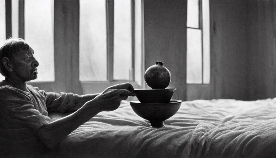 Image similar to 1 9 6 0 s movie still by tarkovsky of an elder socrates drinking a hemlock bowl on a bed in a room with collumns, cinestill 8 0 0 t 3 5 mm b & w, high quality, heavy grain, high detail, panoramic, ultra wide lens, cinematic composition, dramatic light, anamorphic, raphael style, piranesi style