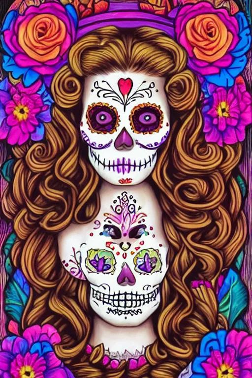 Prompt: Illustration of a sugar skull day of the dead girl, art by evelyn de morgan