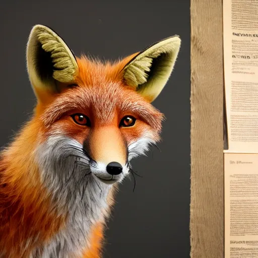 Prompt: a taxidermized fox with a human face, in a museum, 8 5 mm lens, 7 0 mm entrance pupil diameter