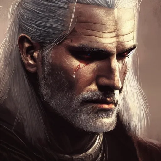 Prompt: geralt of rivia with long beard and intense eyes, scarred, close up, rim lighting, portrait, sinister atmospheric lighting. highly detailed painting by greg rutkowski, anime style, studio gibli
