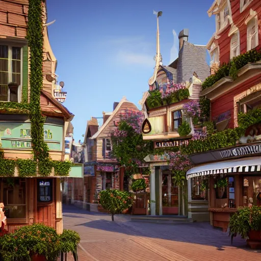 Image similar to charming mainstreet disneyland type building with ivy growing up it, octane render, hyperdetailed, photorealistic, natural light