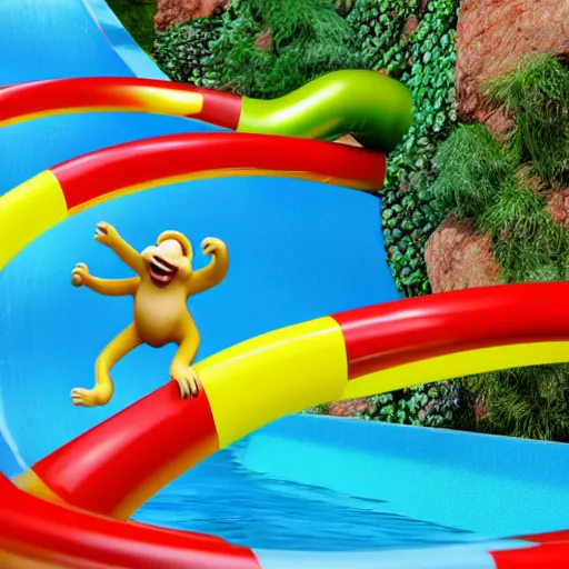 Image similar to multicolor 3 d render of happy monkey sliding down a waterslide by @ combrisi in 4 k ultra high resolution, with funny feeling