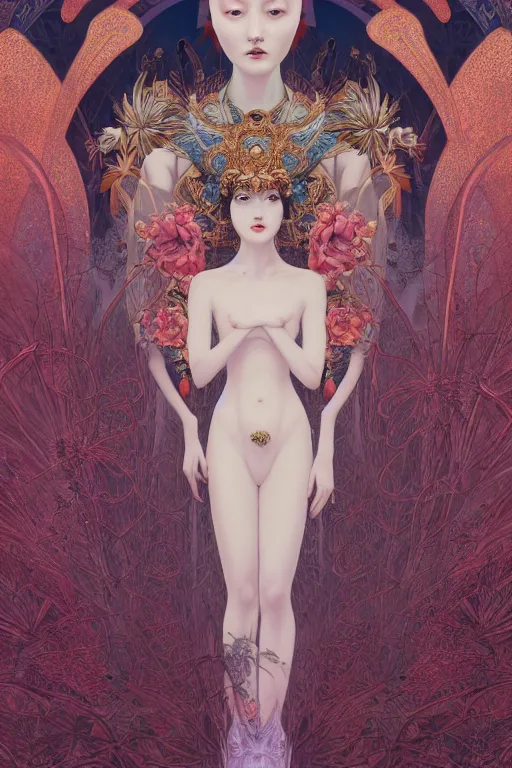 Image similar to portrait full body girl 3 kingdom breathtaking detailed concept art painting art deco pattern of birds goddesses amalmation flowers head thibetan temple, by hsiao ron cheng, tetsuya ichida, bizarre compositions, tsutomu nihei, exquisite detail, extremely moody lighting, 8 k, art nouveau, old chines painting, art nouveau