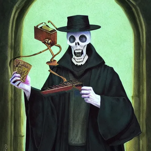 Prompt: The Reaper as a scary, but quirky professor in Hogwarts School of Witchcraft and Wizardry, detailed, hyperrealistic, colorful, cinematic lighting, digital art by Paul Kidby’