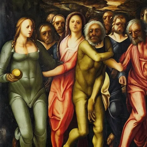 Prompt: alien walking between people, Renaissance painting style, detailed faces