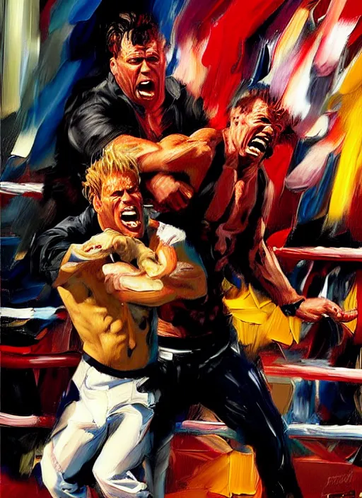 Prompt: hulking jon taffer brawling with screaming enraged gordon ramsay painting by phil hale,'action lines '!!!, graphic style, visible brushstrokes, motion blur, blurry