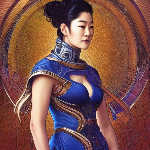 Prompt: jun ji hyun as symmetrical portrait of the goddess of the sky, d & d, fantasy, intricate, elegant, highly detailed, digital painting, artstation, smooth, sharp focus, illustration, art by artgerm and greg rutkowski and alphonse mucha, technomancer astronaut with an epic cosmic background