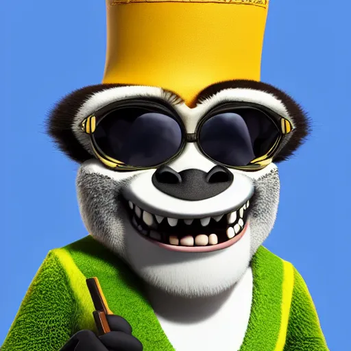 Prompt: “ king julien from madagascar with a rifle and dark sunglasses, 4 k ”