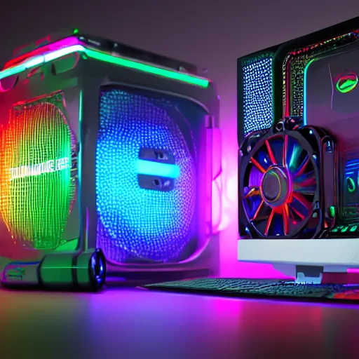 Prompt: gaming rgb computer from future, cyberpunk style, product photo, octane render, unreal render, ultra detail, no noise, isometric, full view