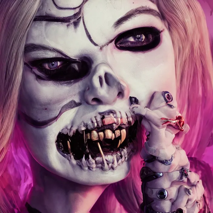 Prompt: portrait of Margot Robbie as a skeleton harley quinn. intricate abstract. intricate artwork. by Tooth Wu, wlop, beeple, dan mumford. octane render, trending on artstation, greg rutkowski very coherent symmetrical artwork. cinematic, hyper realism, high detail, octane render, 8k, iridescent accents