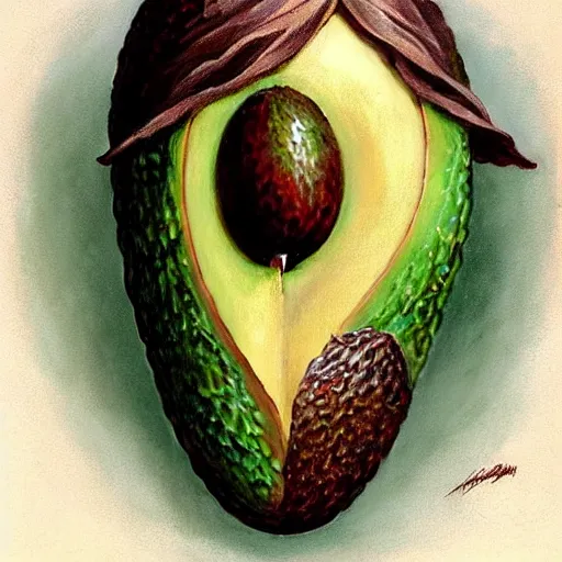 Prompt: avocado, instead of a bone, the head of ilona mask, elegant, highly detailed, my rendition, digital painting, artstation, concept art, smooth, sharp focus, illustration, art by artgerm and greg rutkowski and alphonse mucha and uang guangjian and gil elvgren and sachin teng, symmetry!!