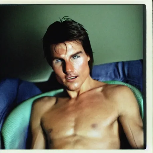 Image similar to Polaroid of Tom Cruise sitting in recliner with remote control 1983