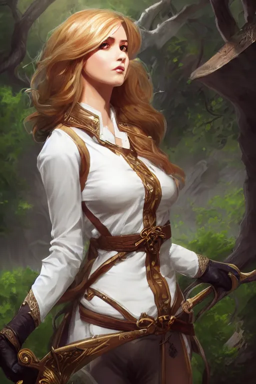 Prompt: full body, female bard, perfect face, white blouse, 8 k, magic the gathering, forest, d & d, artstation, high detail, smooth, coherent