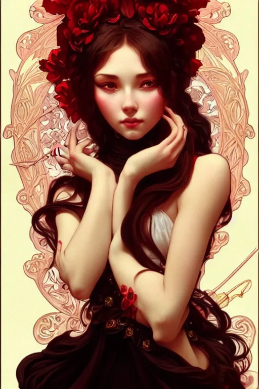 Image similar to strawberry creme, dark fantasy, intricate, elegant, highly detailed, digital painting, artstation, concept art, matte, sharp focus, illustration, art by artgerm and alphonse mucha