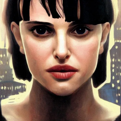 Image similar to closeup portrait of natalie portman from the movie leon the professional, matilda. hitman, city background, dramatic light, gorgeous view, depth, high detail, digital art, painted by greg rutkowski and seb mckinnon, by tim burton, trending on artstation