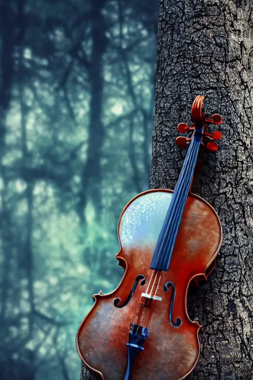 Prompt: a cello inside a glass jar standing on a tree stump, bokeh, intricate detail, soft blue moonlight, highly detailed, hyperrealistic, octane render, volumetric lighting, ray tracing, cgsociety, sense of awe, mystical, moonlight, 8 k