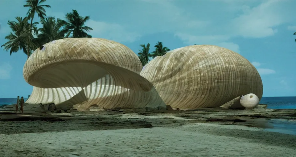Prompt: a giant seashell house in the middle of nowhere, cinematography by syd mead, gregory crewdson