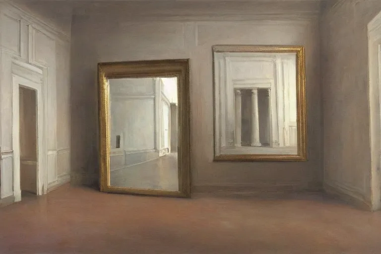 Prompt: oil painting, long view, empty room in style of classicism with cube mirror in center