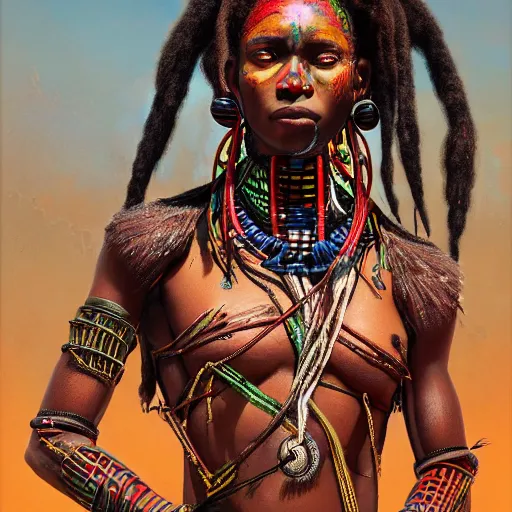Prompt: a dahomey warrior woman with highly detailed and intricate cybernetic eyes and colorful dreadlocks, wearing a bathing suit, bathing in the blood of her enemies by android jones and greg rutkowski, Trending on artstation, hyperrealism, elegant, stylized, highly detailed digital art, 8k resolution, hd, global illumination, radiant light, detailed and intricate cyberpunk ghetto environment, rendered in octane, oil on canvas, wide angle, dynamic portrait